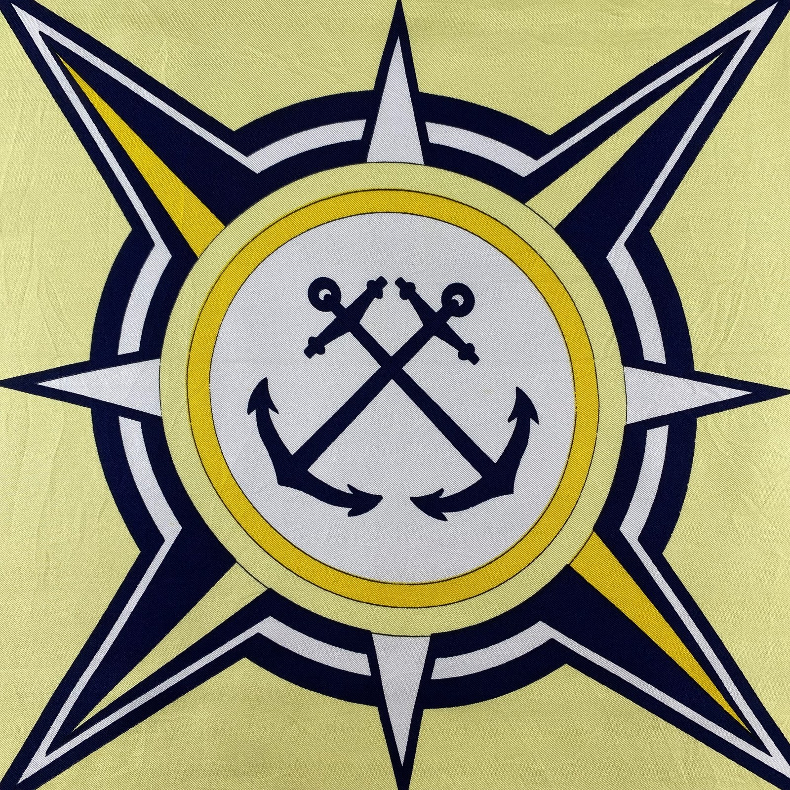Vintage Les Deux Ancres Nautical Silk Scarf Marine Compass Anchor Navy Yellow