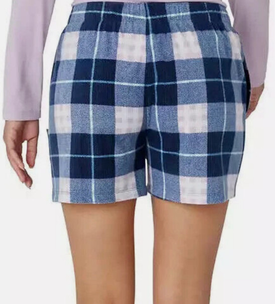 NEW TAG Eddie Bauer Womans Purple Plaid Fleece Sleepwear Shorts Pockets Sz L