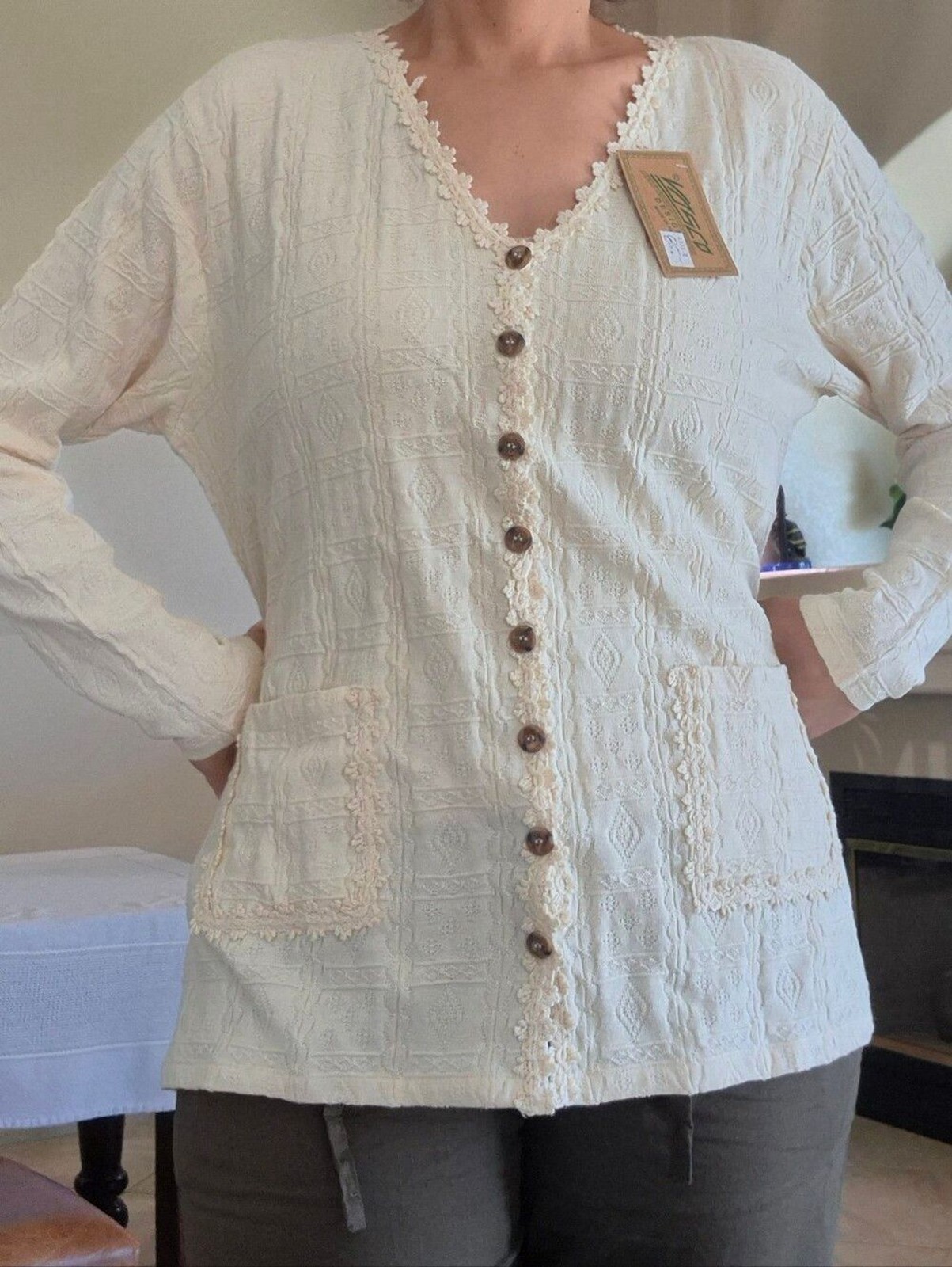 Vasco Vintage 100% Natural Cotton, Embroidery & Knit Button Up Sweater Sz XL