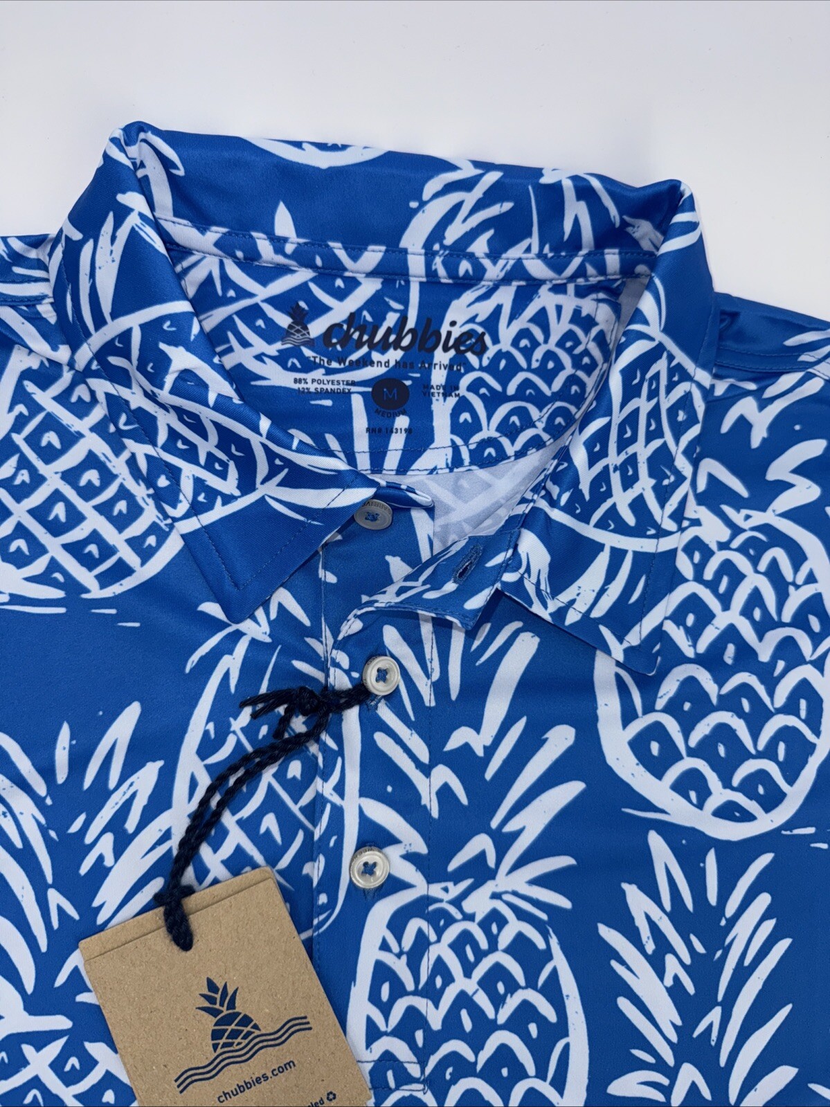 Chubbies Men’s The Thigh Napple Performance Polo Shirt-Blue Pineapple-Medium-New