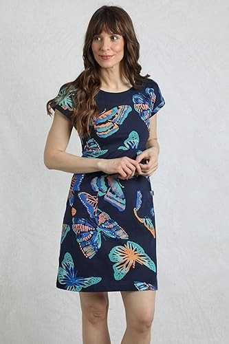 WEIRD FISH DARK BLUE BUTTERFLY PRINT TALLAHASSEE JERSEY DRESS SIZE 10 (REF 211)