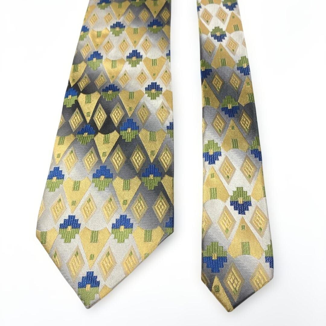 GIANNI VERSACE Tie Geometric Gray Black Yellow Green Blue Vintage Authentic