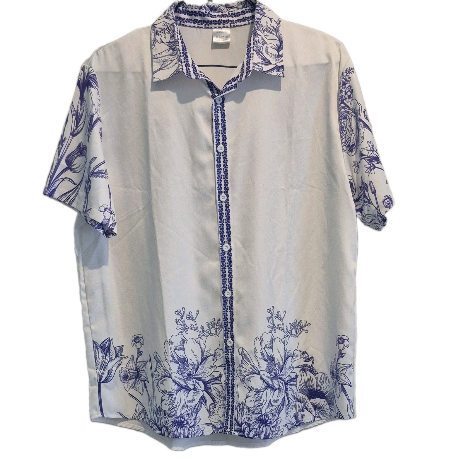 White/Blue Floral Collared Button-Up Short Sleeve Woven Polyester Blouse L
