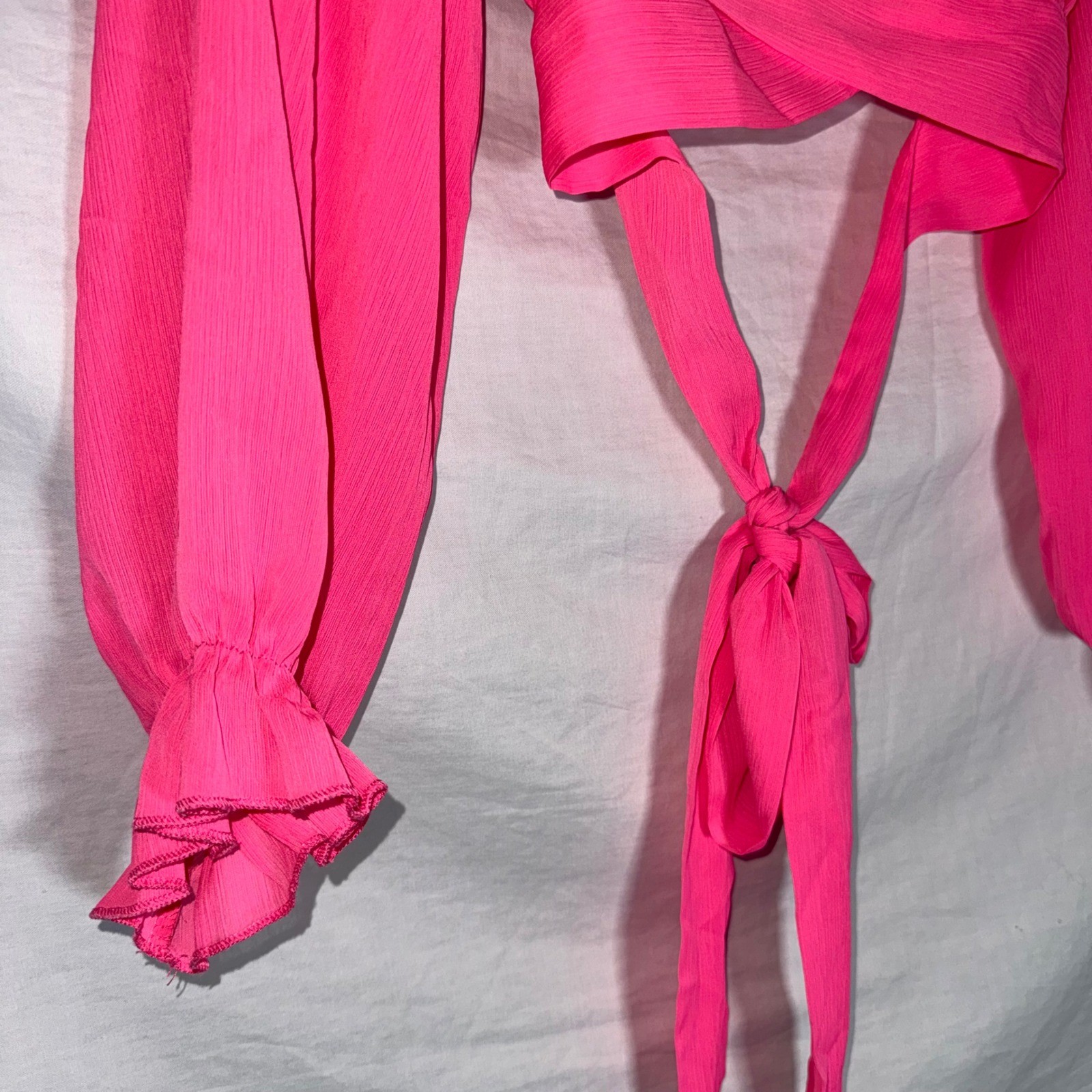Lyaner Hot Pink Barbie Core Tie Back Crop Top Long Lantern Sleeve Size Medium