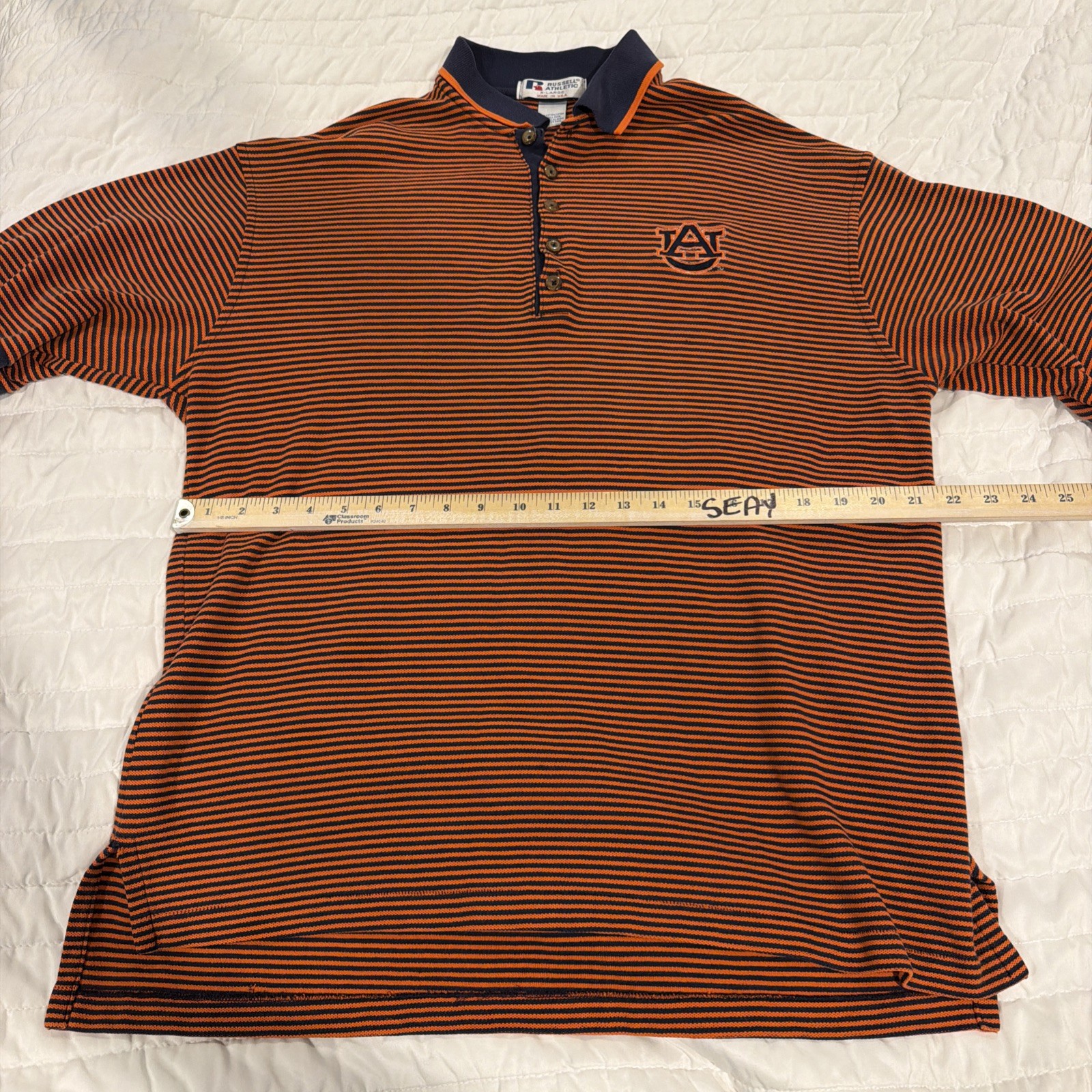 Vintage Russell Athletic Auburn Tigers Polo XL Made In USA Striped Blue Orange