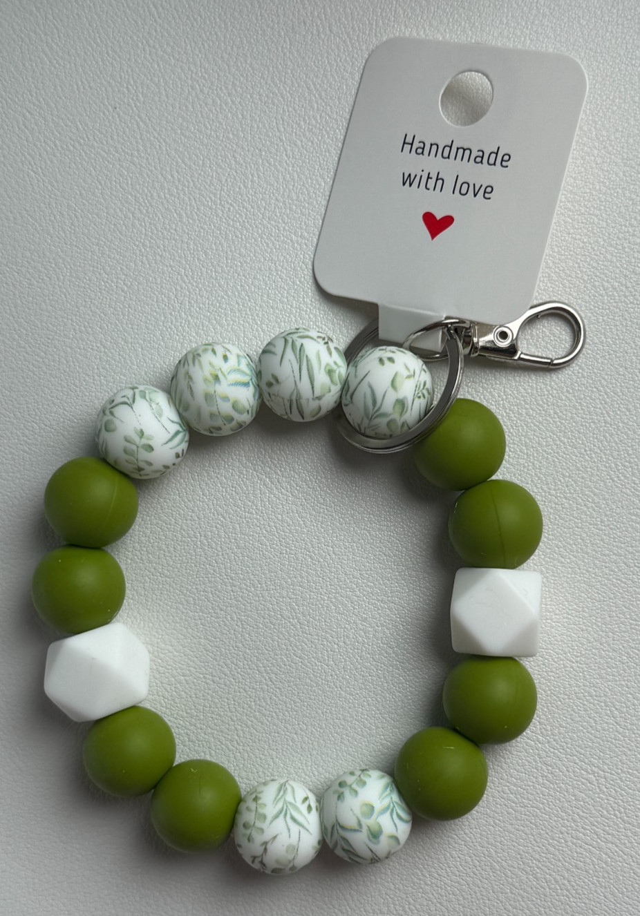 Silicone Beaded Keychain Wristlet Bracelet Green Leaf