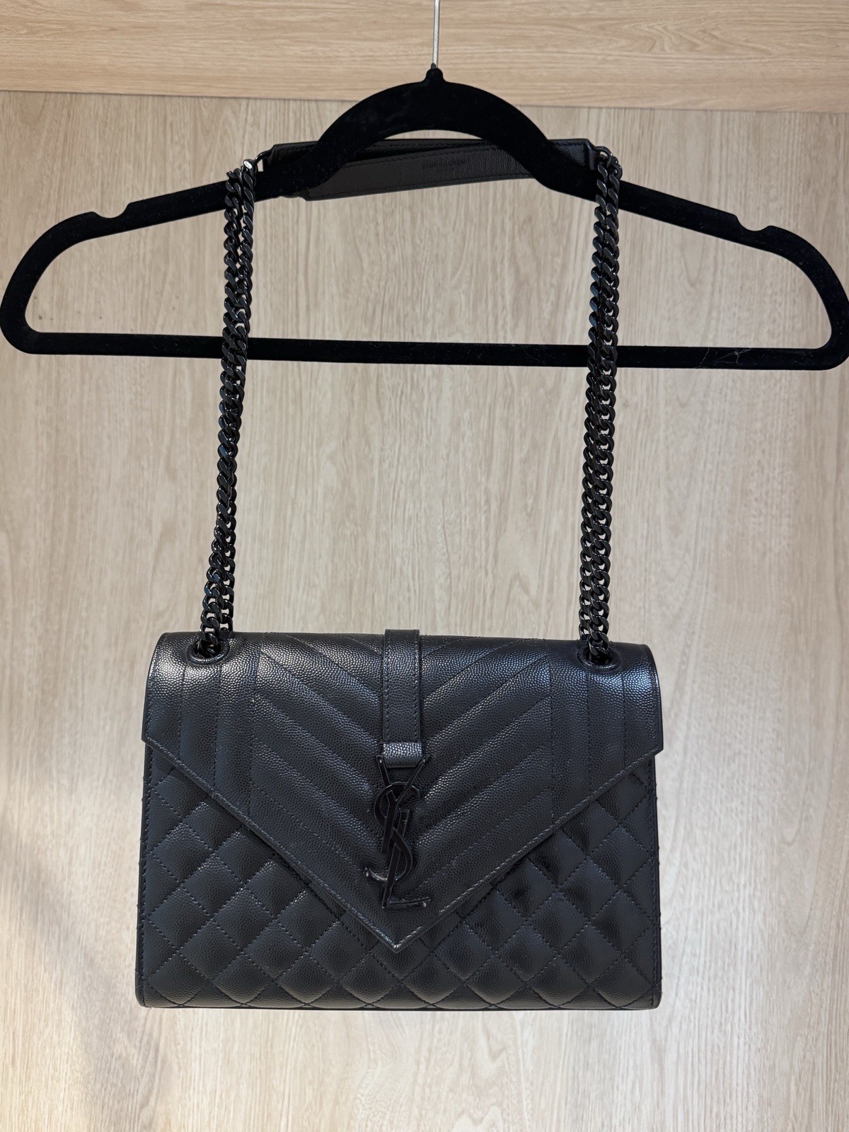 Saint Laurent Black Quilted Grain Leather, Chain Strap Bag, Medium, Logo