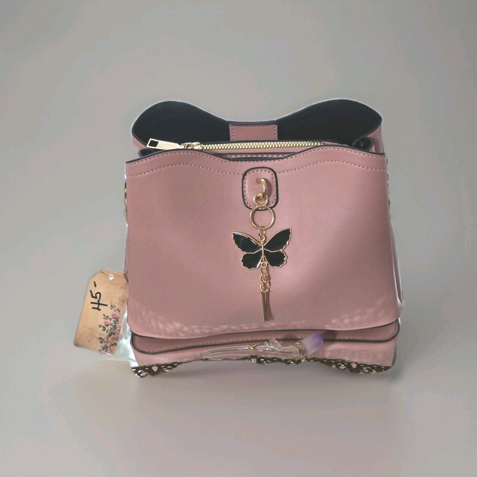 Women’s Pink Handbag Butterfly Tag Crossbody Zip & Magnetic Closure Hi End NWT