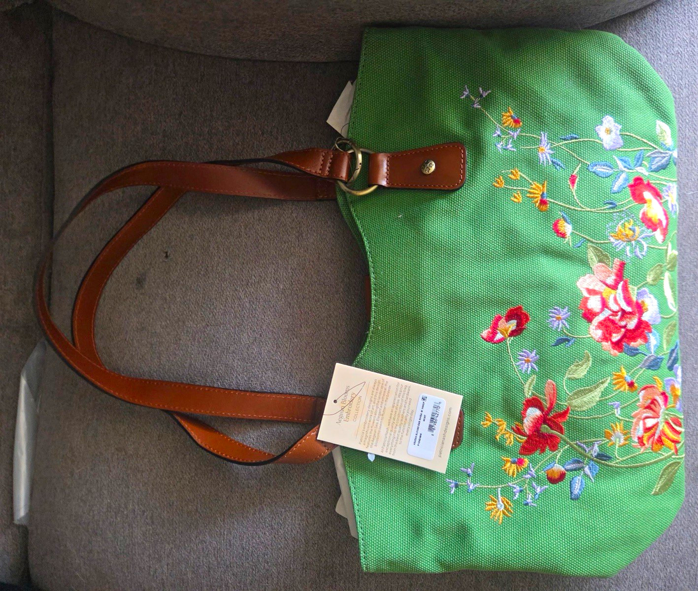 Patricia Nash Women’s Green Floral Embroidered Tote, Brown Leather, Gold