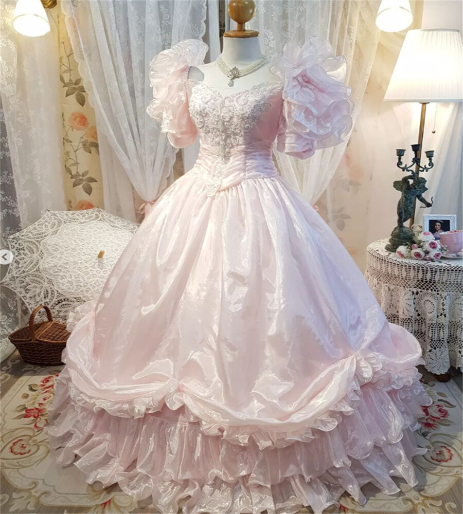 Vintage Pink Victorian Dresses Sweetheart Layered Zip Pleated Applique Prom