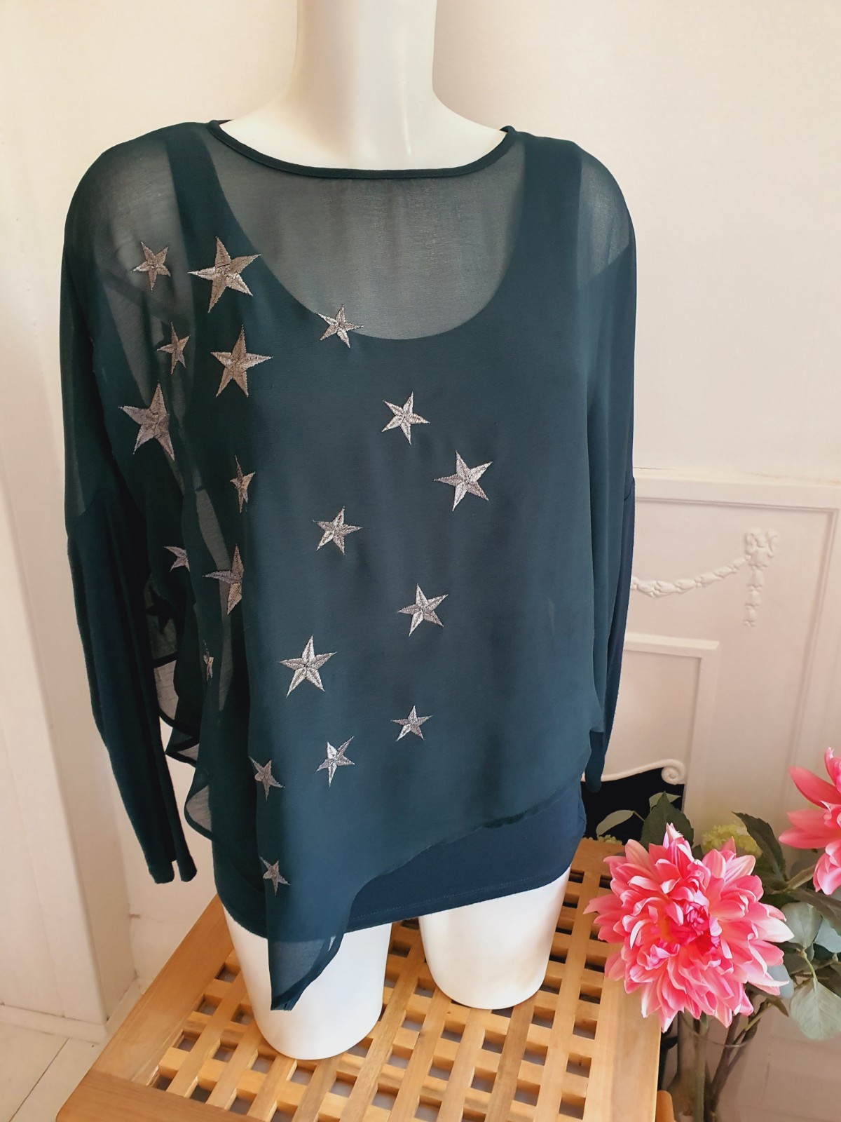 Mint Velvet Dark Green Star Embroidered Draped Top, UK Size 10