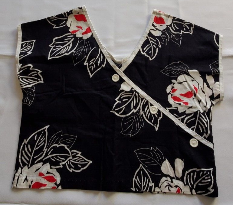 Julie Girl Blouse Women’s M Asian Style Pink Crop Top Black Floral Made in USA