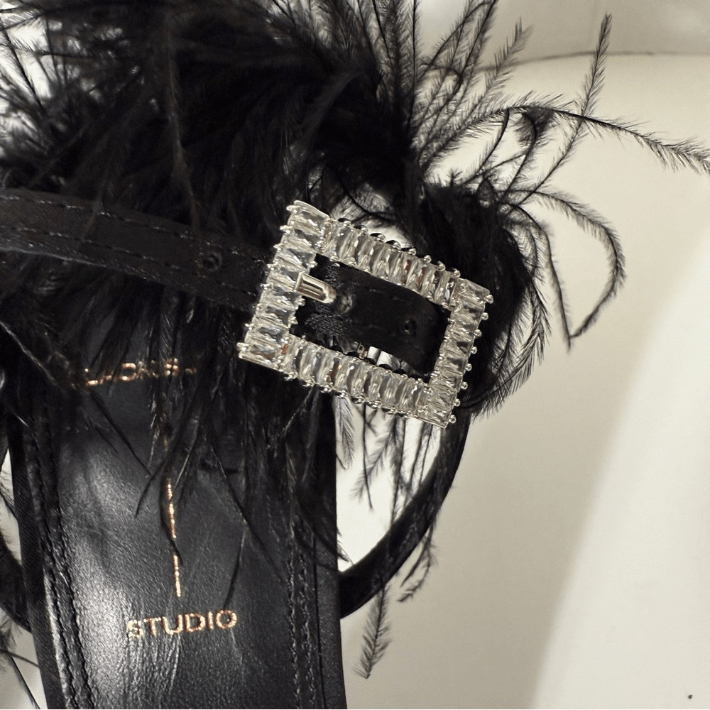 BLACK SUEDE STUDIO Trinity Satin Leather Ostrich Feather Black Sandals Size 10