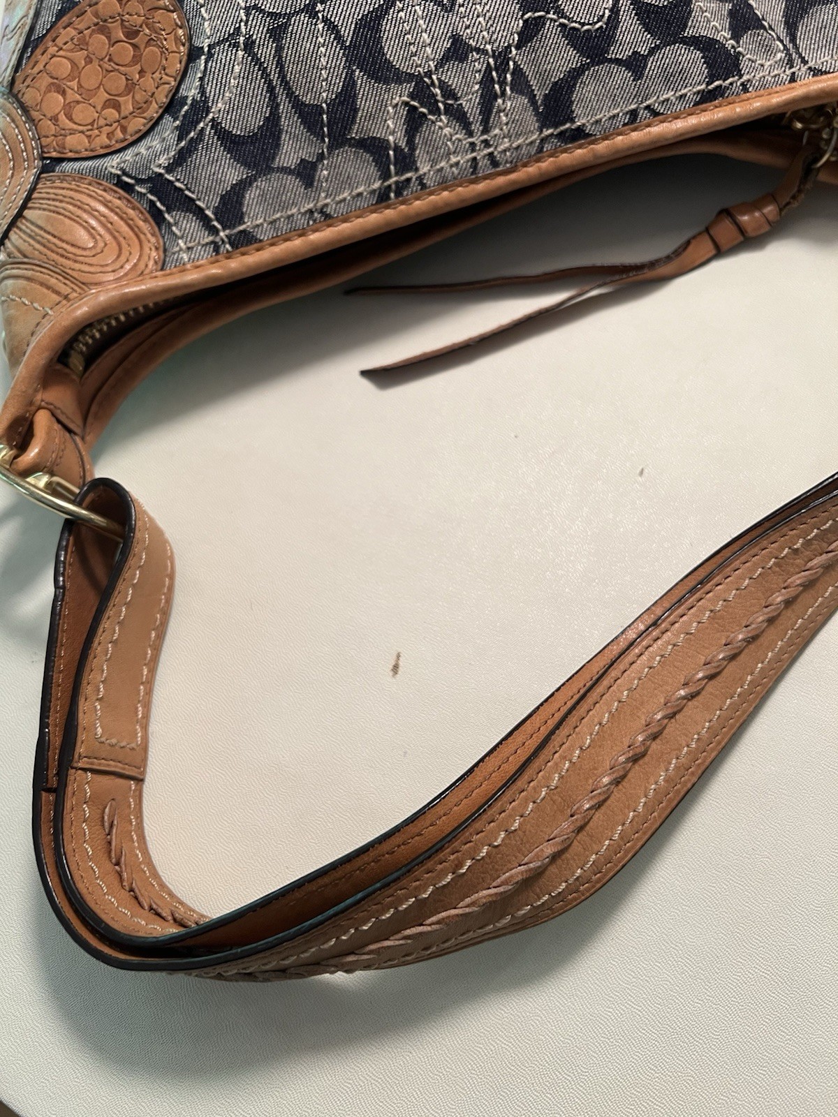 COACH Bleecker 11781 Denim Jacquard Floral Appliqué Hobo Vachetta Lthr Good Cond
