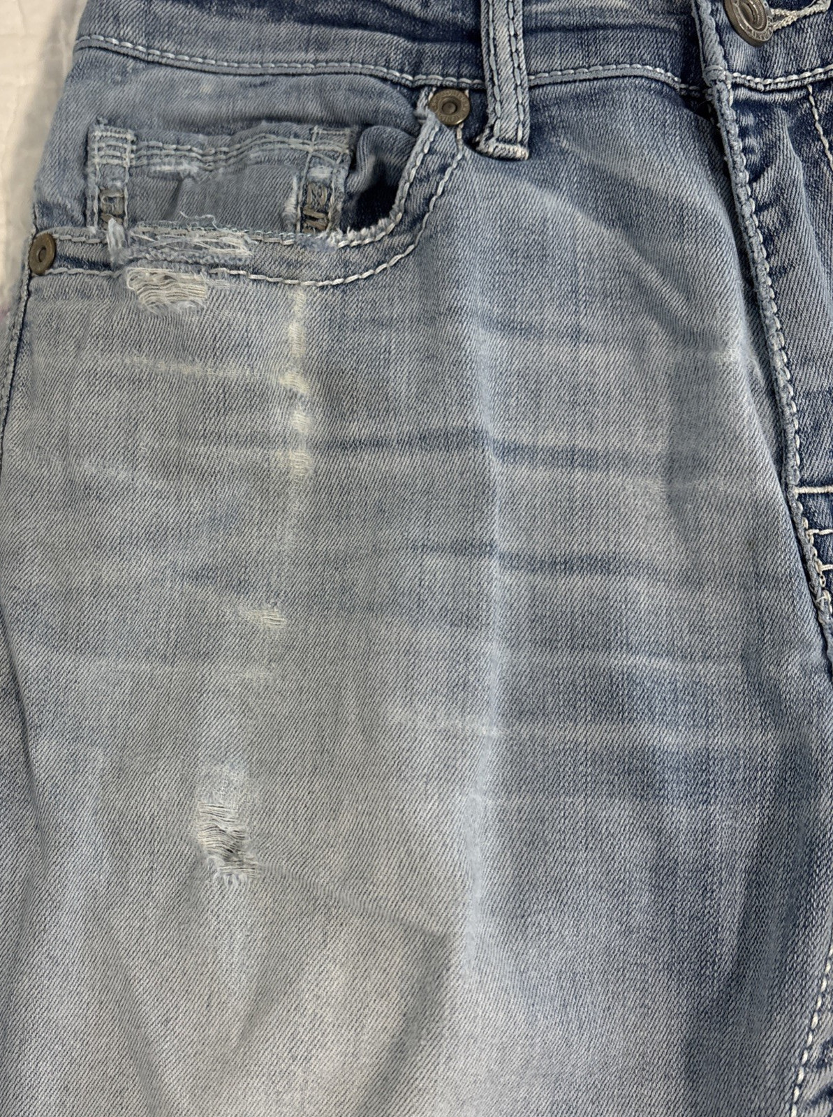 BKE Aiden Jeans Mens 30×32 Distressed Frayed Hem Blue Denim Bootcut Stretch