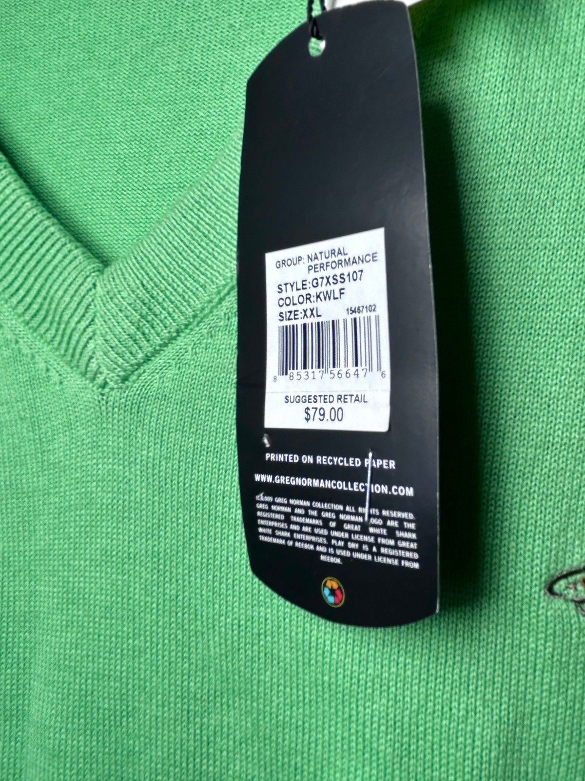 GREG NORMAN Natural Performance VNeck Sweater Sz XXL Kiwi Green Knit 100% Cotton