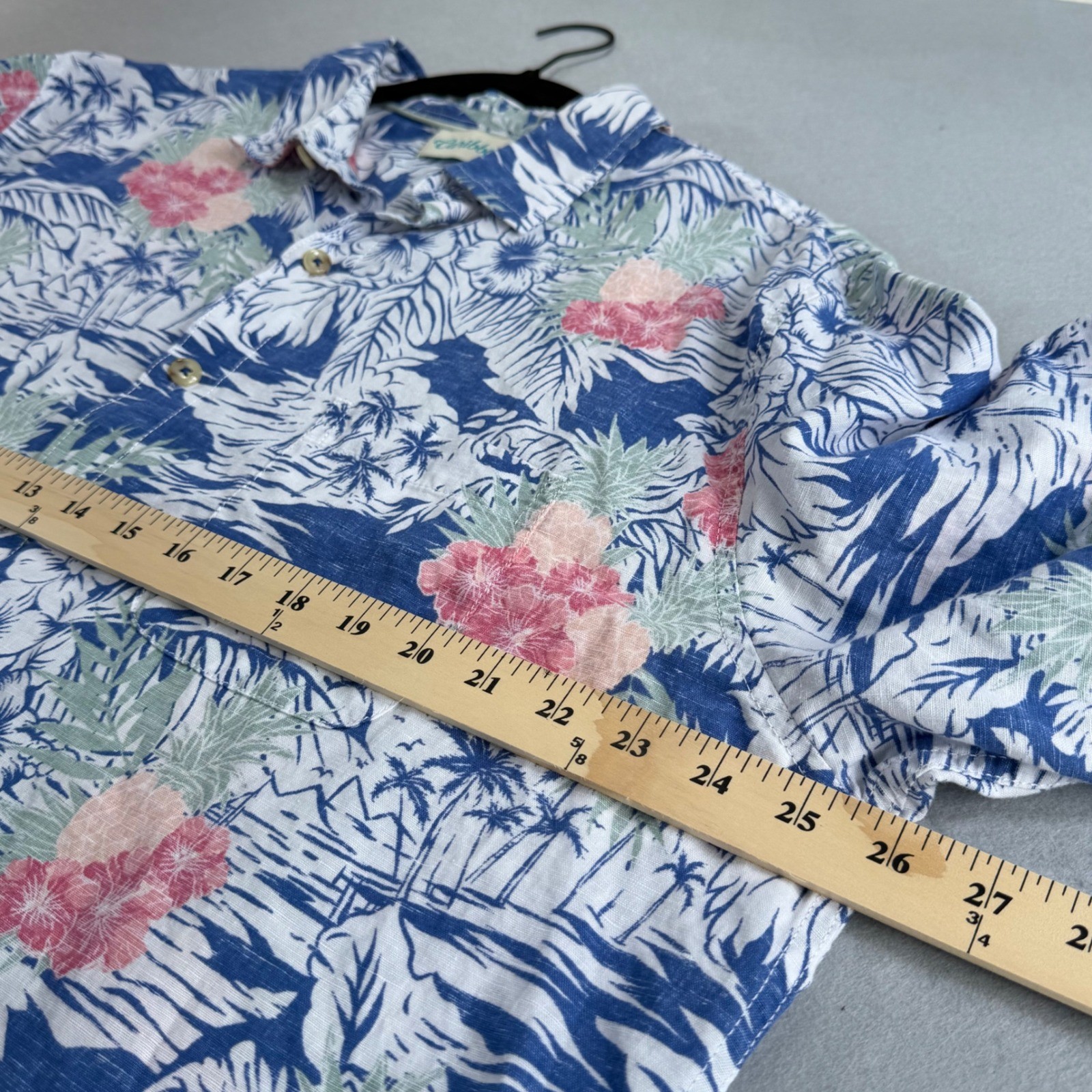 Caribbean Mens XL Linen Cotton Tropical Hawaiian Shirt Pineapple Hibiscus Blue