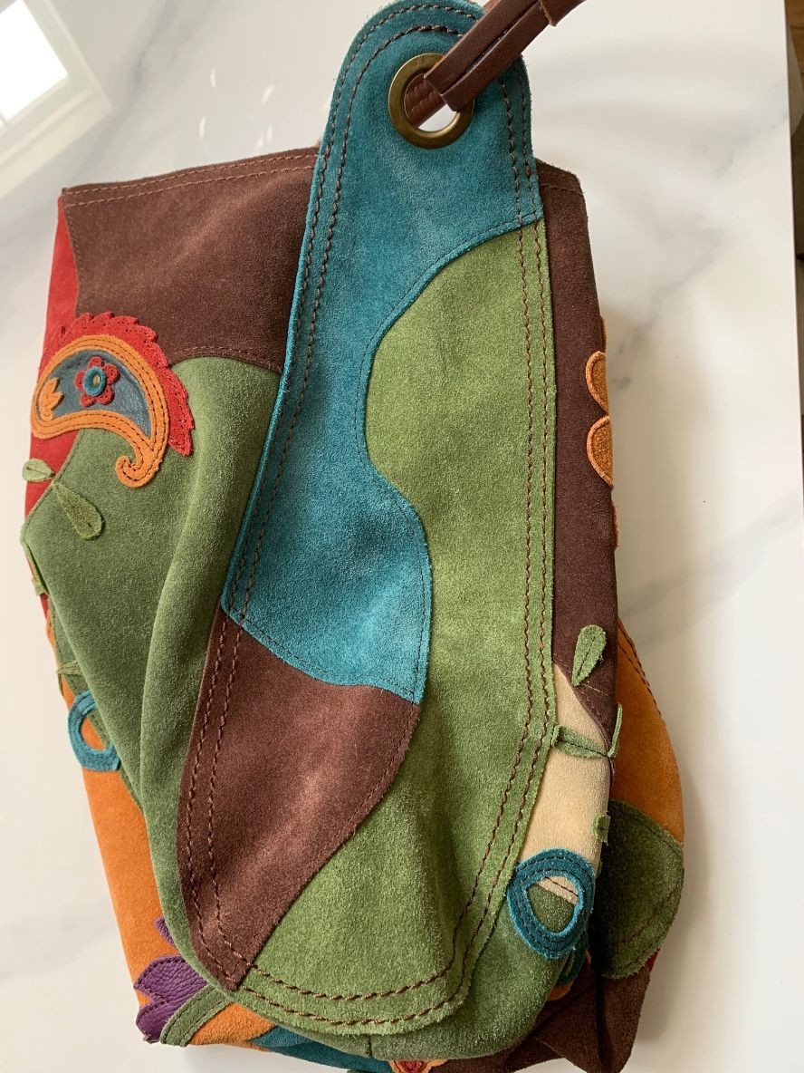 LUCKY BRAND LEATHER SUEDE BOHO SHOULDER BAG HIPPIE HANDBAG PATCH WORK FLOWERS