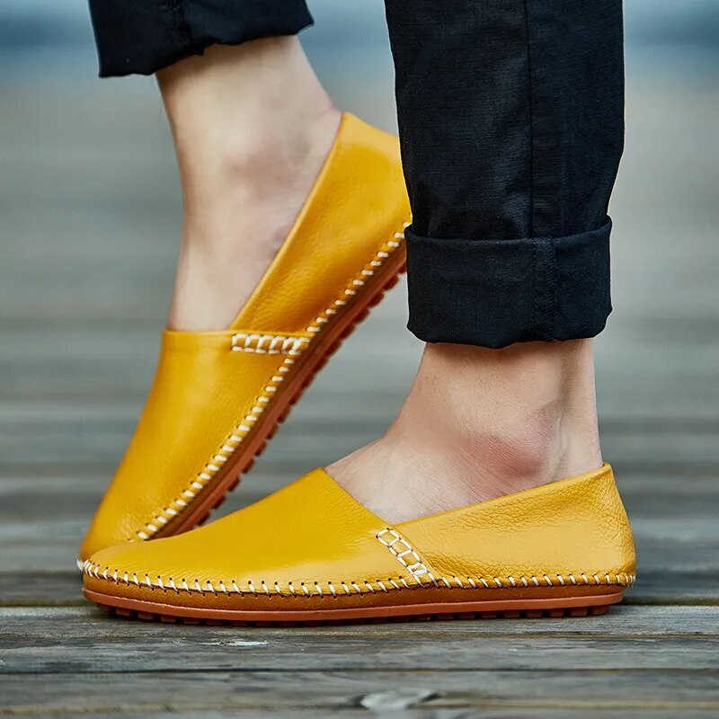Genuine Leather Men Casual Shoes Lightweight Loafers Slip on Flats Driving Shoes