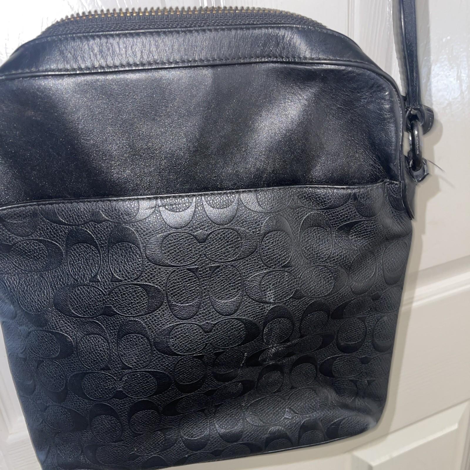 🌺Coach 4009 Men’s Houston Flight Bag Signature Embossed Black Leather Crossbody