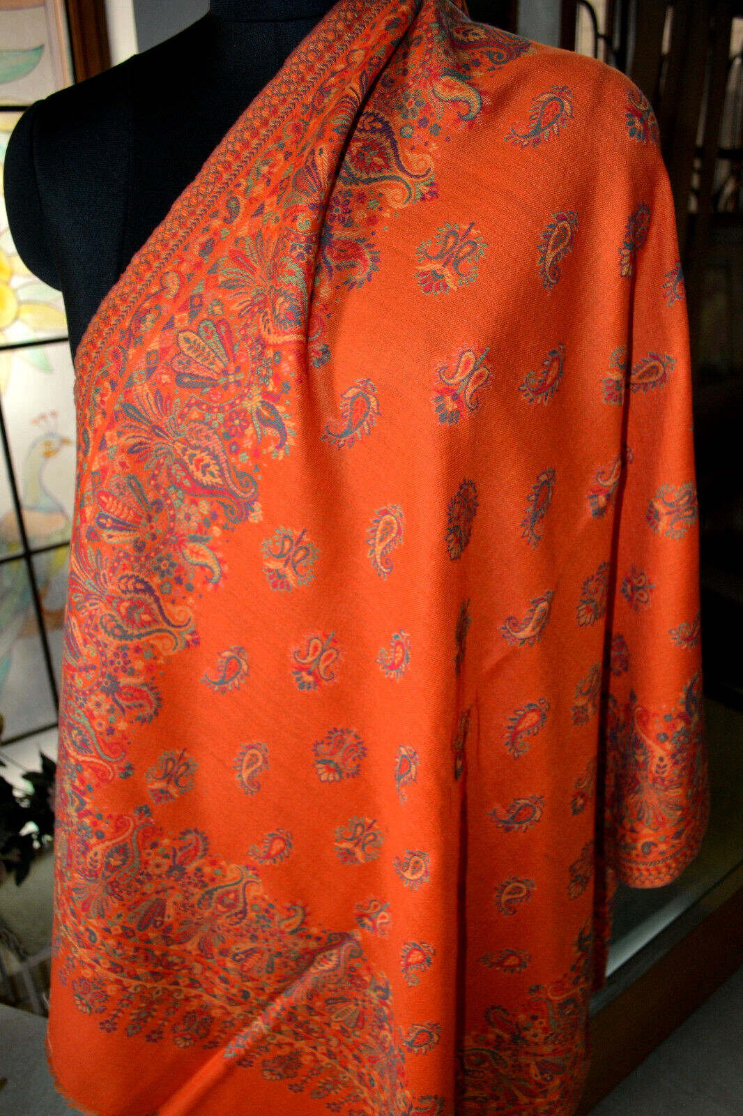 Orange KANI WEAVE Jamawar Stole Wool Blend Pashmina Jamavar Paisely