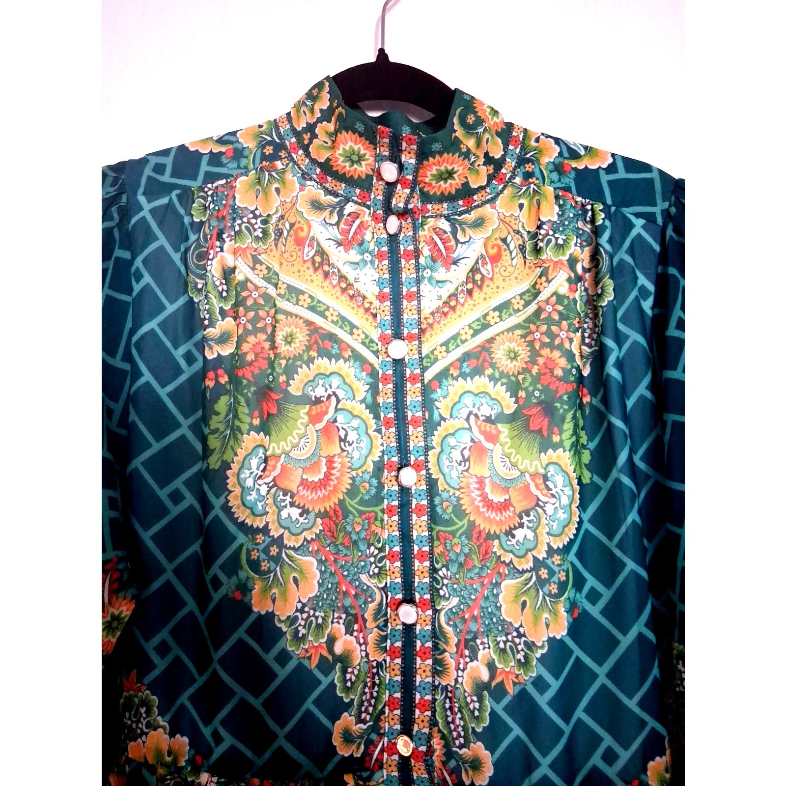 Dalia MacPhee Paisley Deco Maxi Dress Mock Neck Puff Sleeve Floral Size S