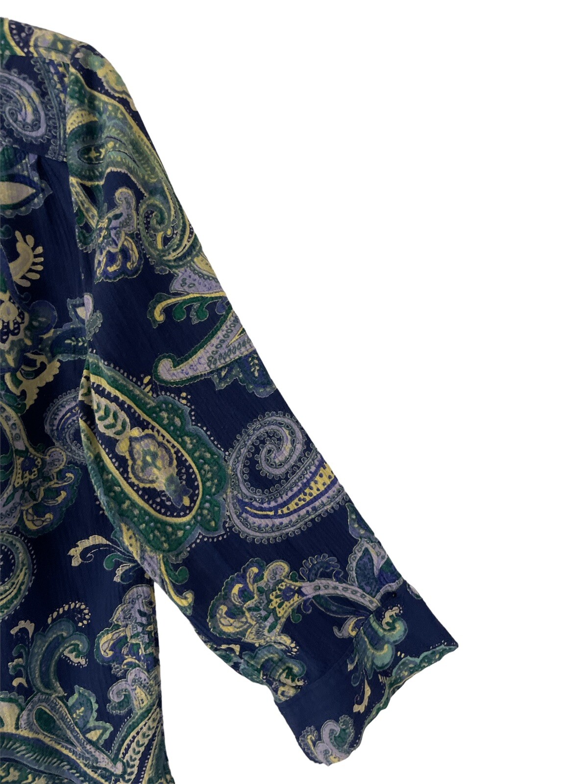 Nine West Jeans Top Womens Medium Blue Paisley Roll Tab Sleeve Hi Low Hem Tunic