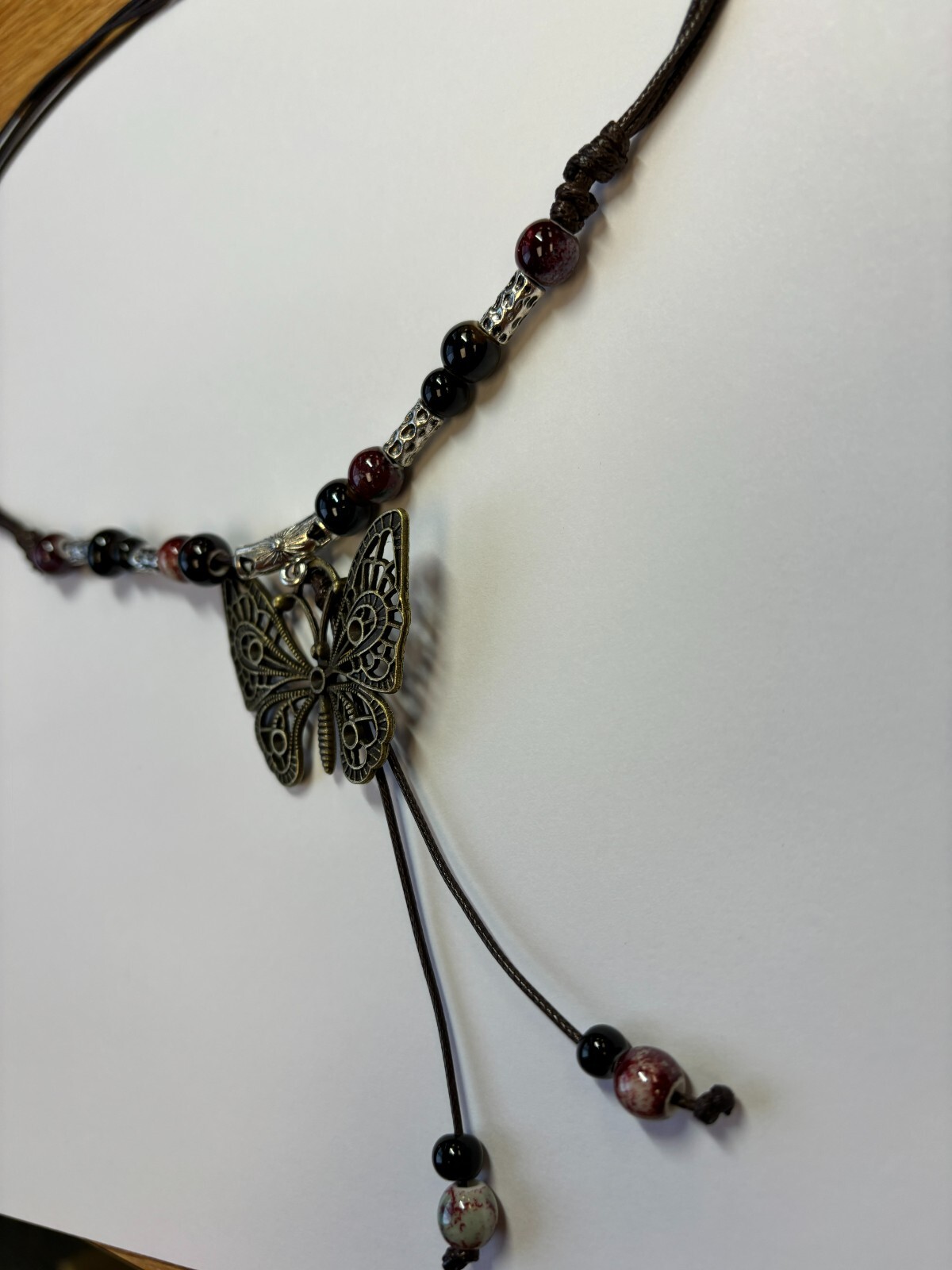 Black White Bead Silver Butterfly Pendant Charm Blessing Vintage Necklace
