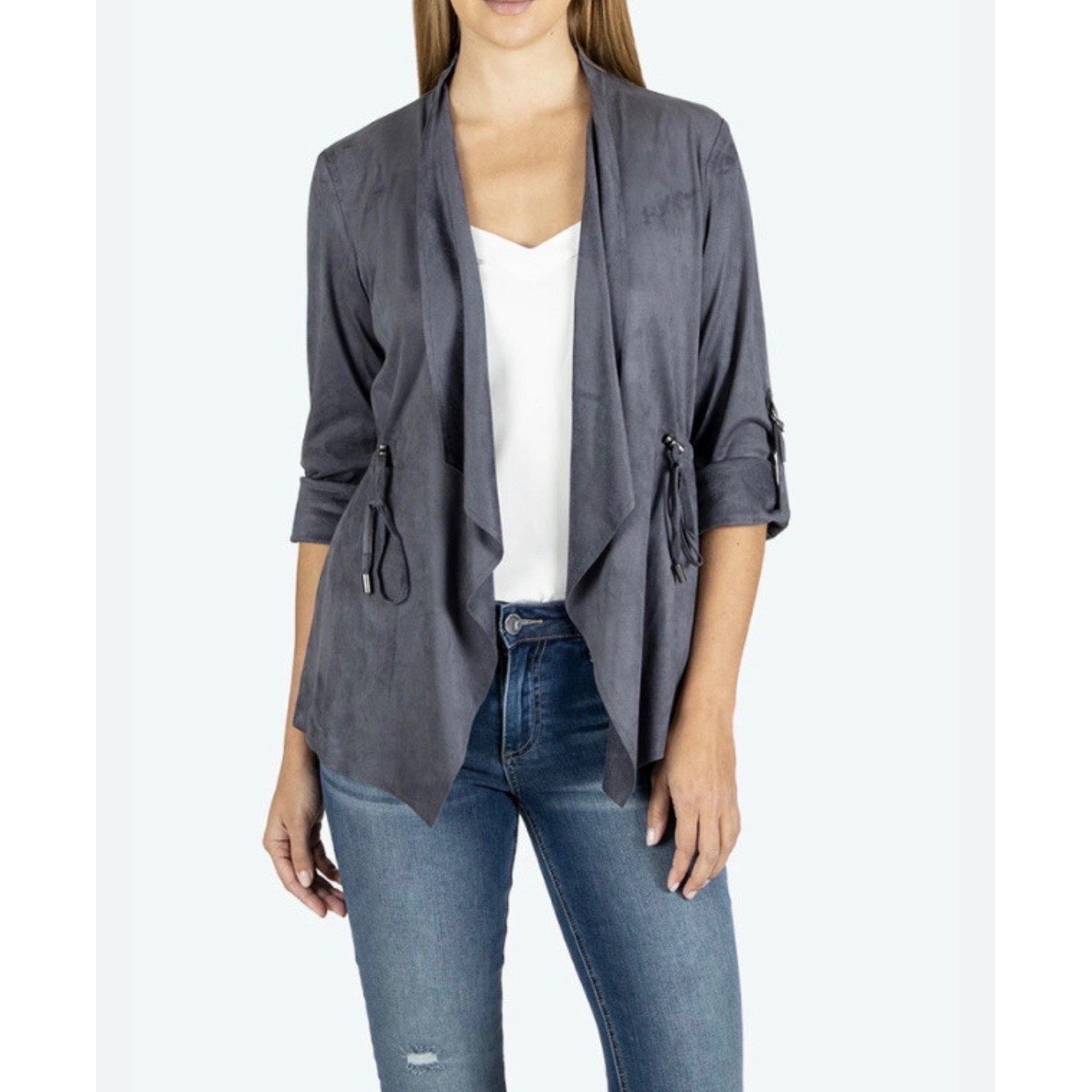 KUT FROM THE KLOTH Dianne Jacket Women Large Gray Faux Suede Drape Front Cinch