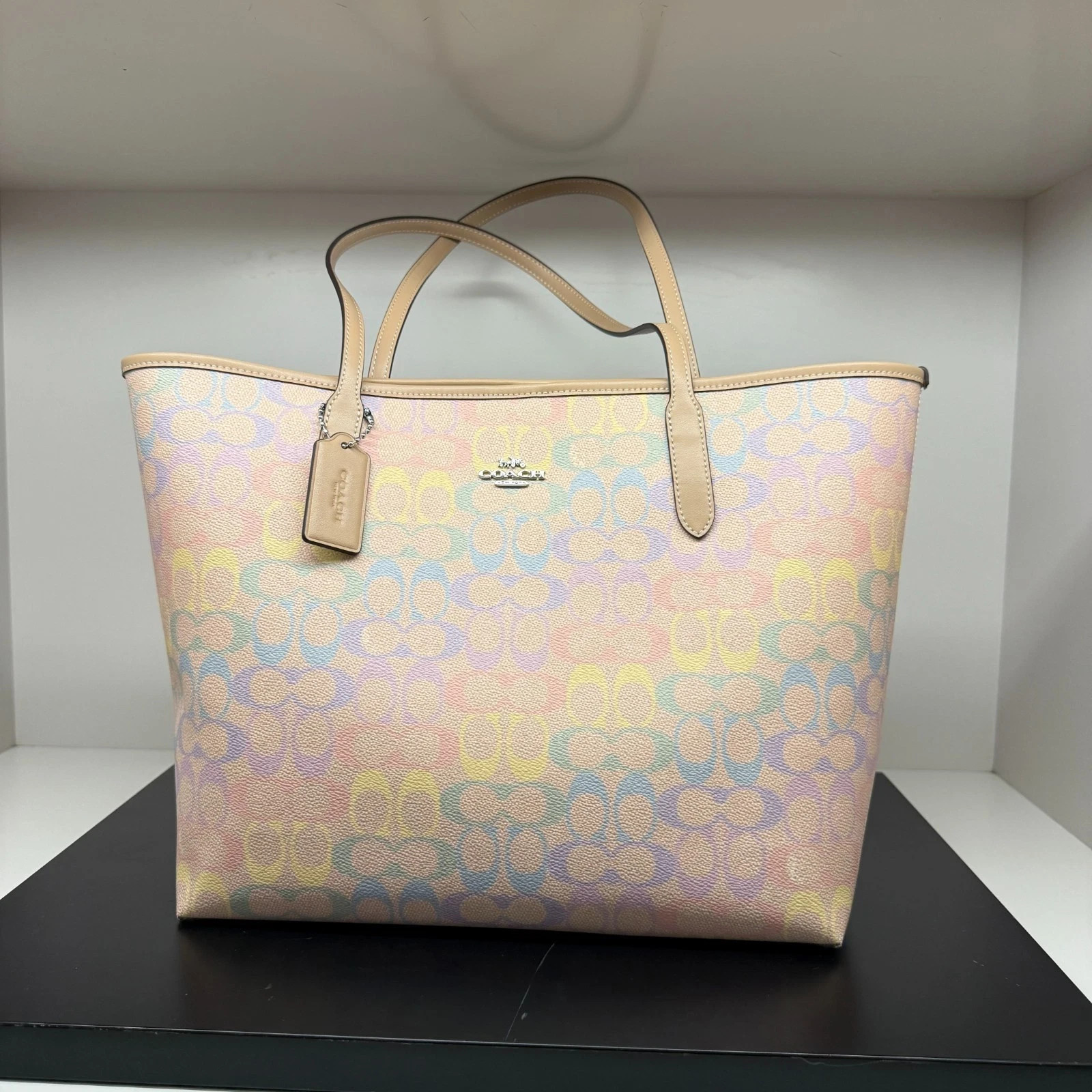 Coach CDA93 City Tote Bag In Rainbow Signature Canvas Silver/ Sand Multi NWT