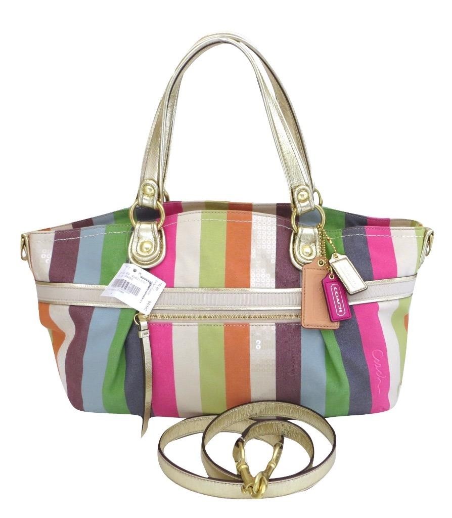 New Coach Legacy Striped Pink Green Blue Sequined Rocker Purse Crossbody RARE!