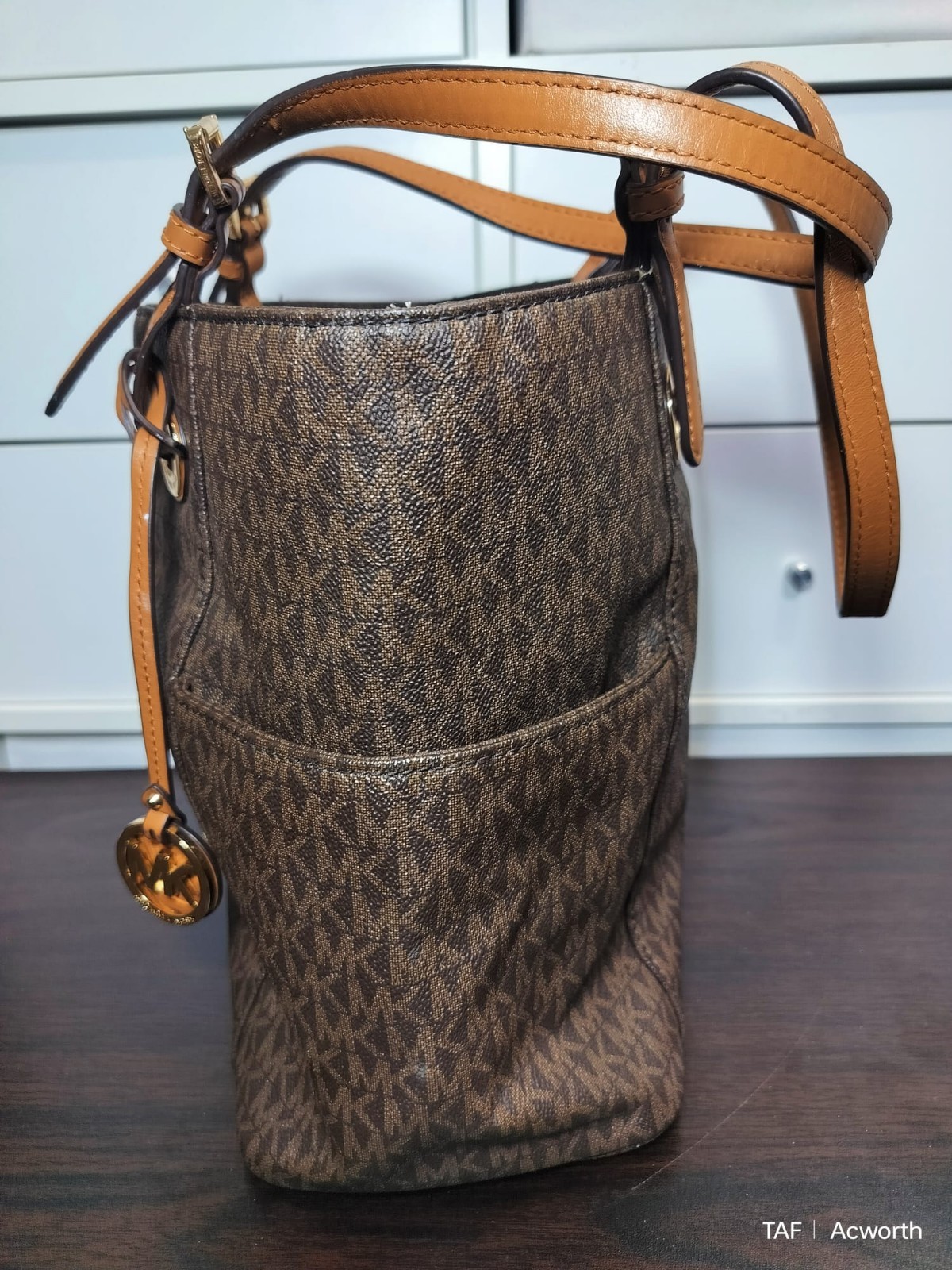 Michael Kors Brown Monogram Tote Shoulder Bag Zip Closure Gold Hardware