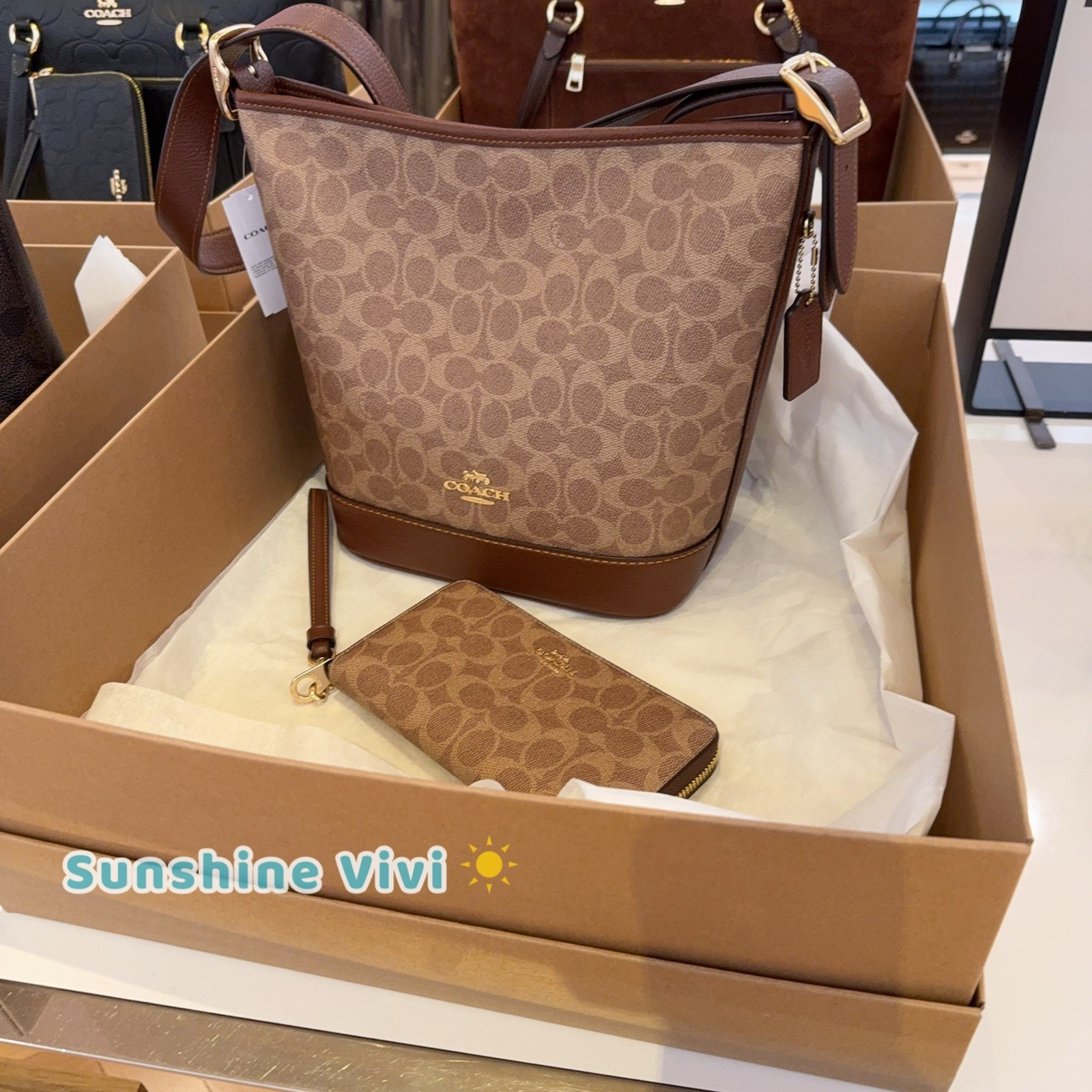 NWT Bundle Coach Jude Duffle Bag CBH20 & CW778 Long Wallet Gold/Tan/Brown Box