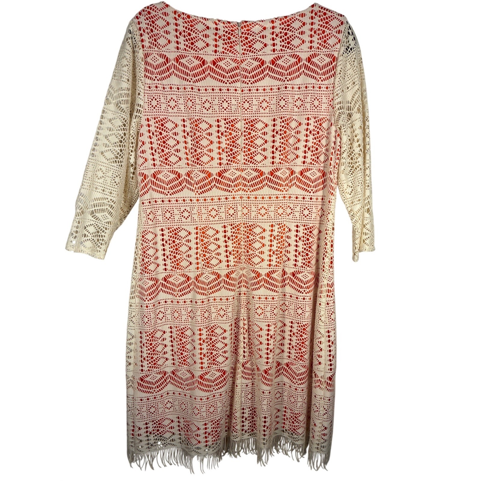 Jessica Howard Ivory Lace Overlay Orange Fringe Hem 3/4 Sleeve Dress Sz 14