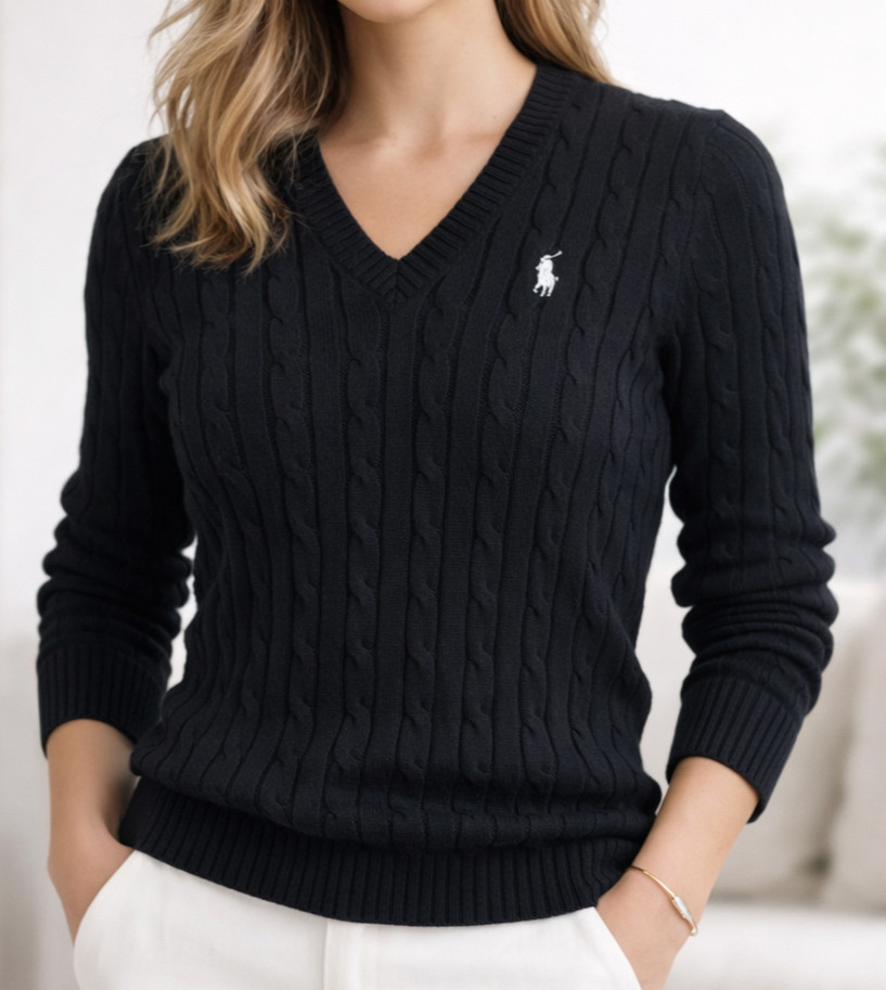Polo Ralph Lauren Women’s Black Cotton Cable Knit V-Neck Sweater XS