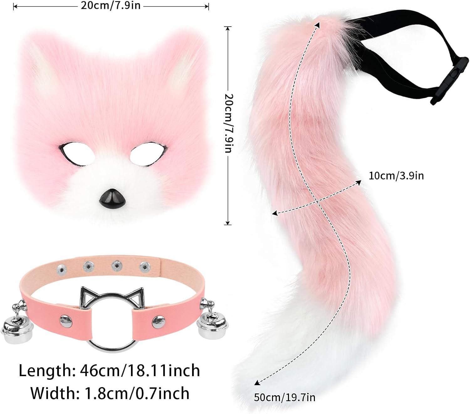 Faux Fur Fox Mask Wolf Cat Fluffy Tail and Leather Necklace Set,Costume Accessor