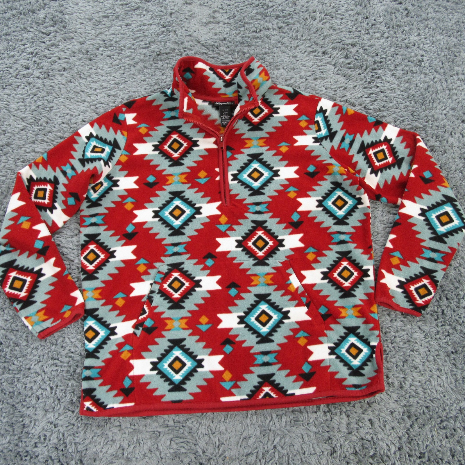 Wrangler Retro Sweater Mens Large Red Aztec Geometric Fleece 1/4 Zip Pockets