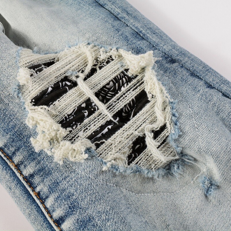 Men’s Slim Fit Stretch Denim Jeans with Paisley Patch Detail & Distressed Wash