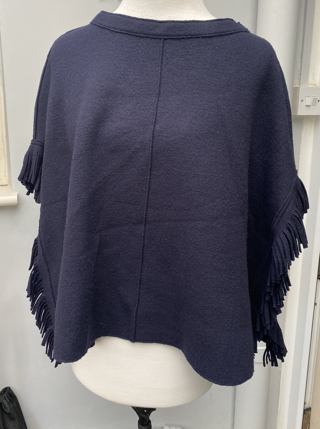 Rosso35 Italian Virgin Wool Navy Blue Fringed Poncho Cape BRAND NEW