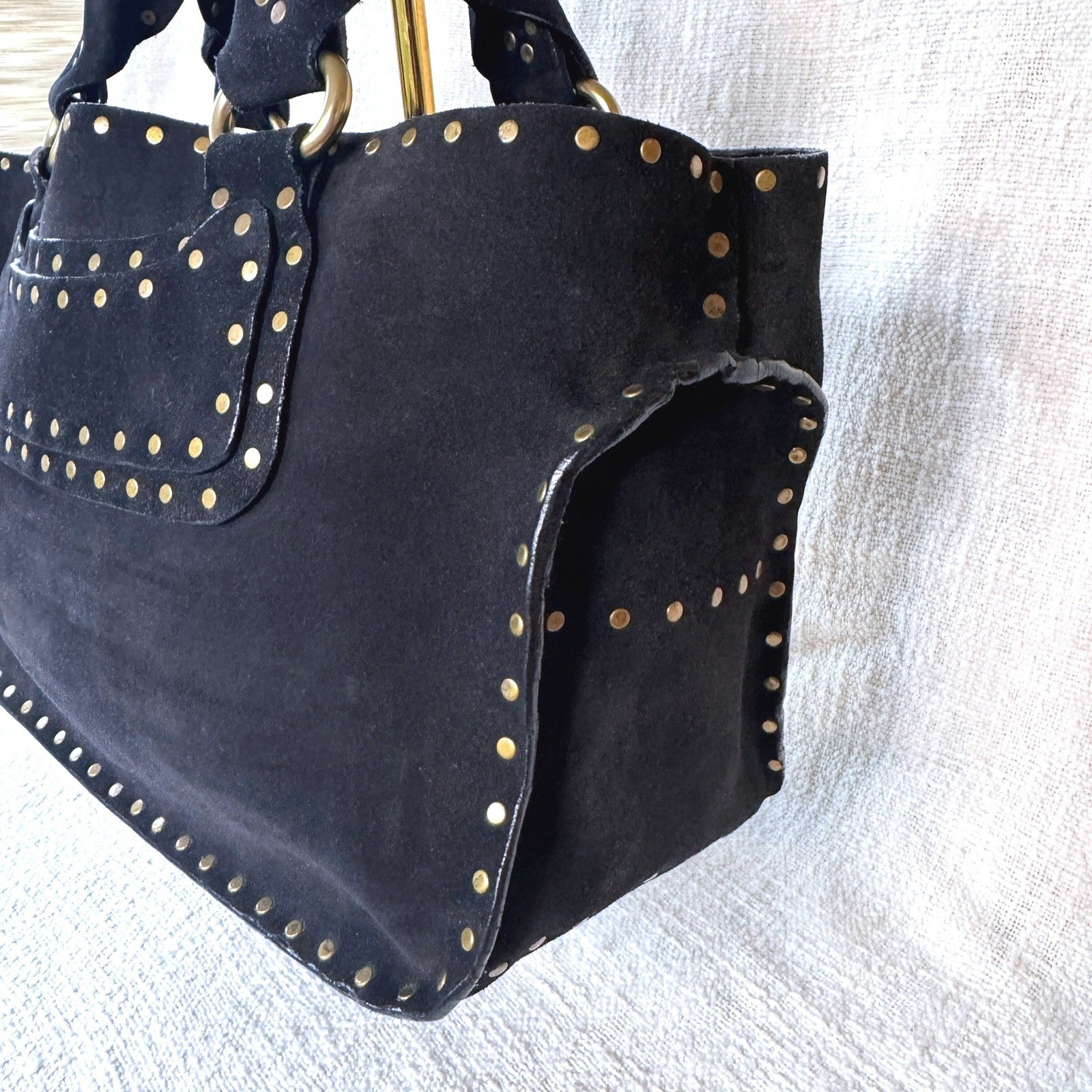 Vintage Celine Boogie Bag Black Suede Gold Studded Satchel Handbag