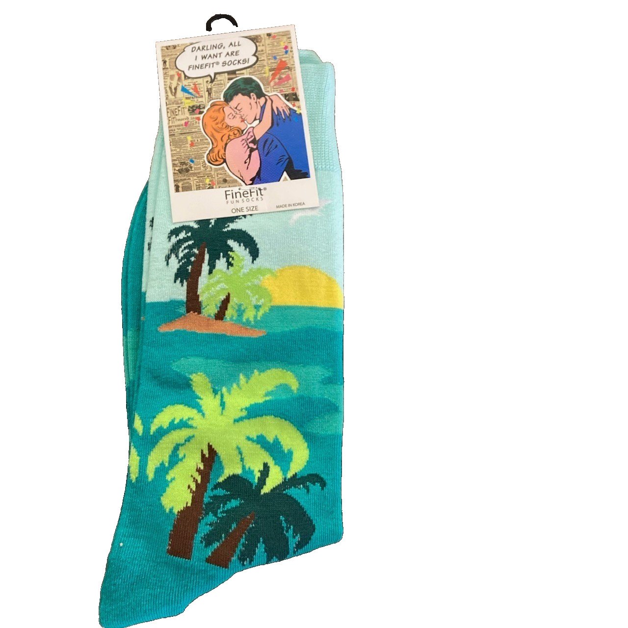 FineFit FunSocks Tropical Palm Tree Beach Sunset Novelty Crew Socks Teal