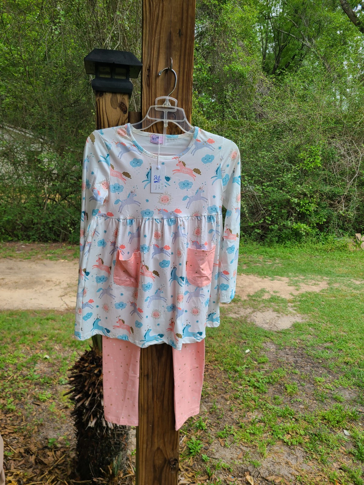 Pete and Lucy Coral, Blue & White Unicorn Sky Print Pant Set Sz 10-12 Girls New