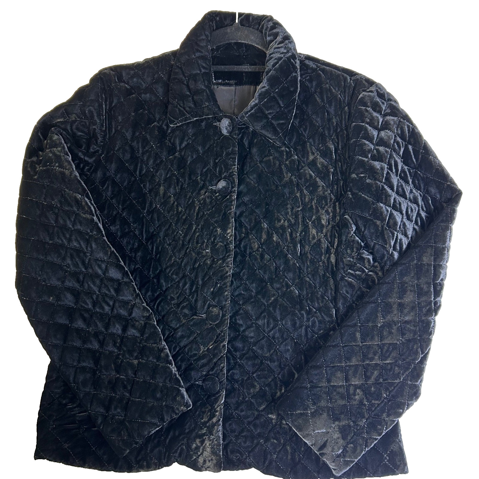 Black Velvet Quilted Blazer Jacket Button Front Collar Womens Dressy Sz Medium