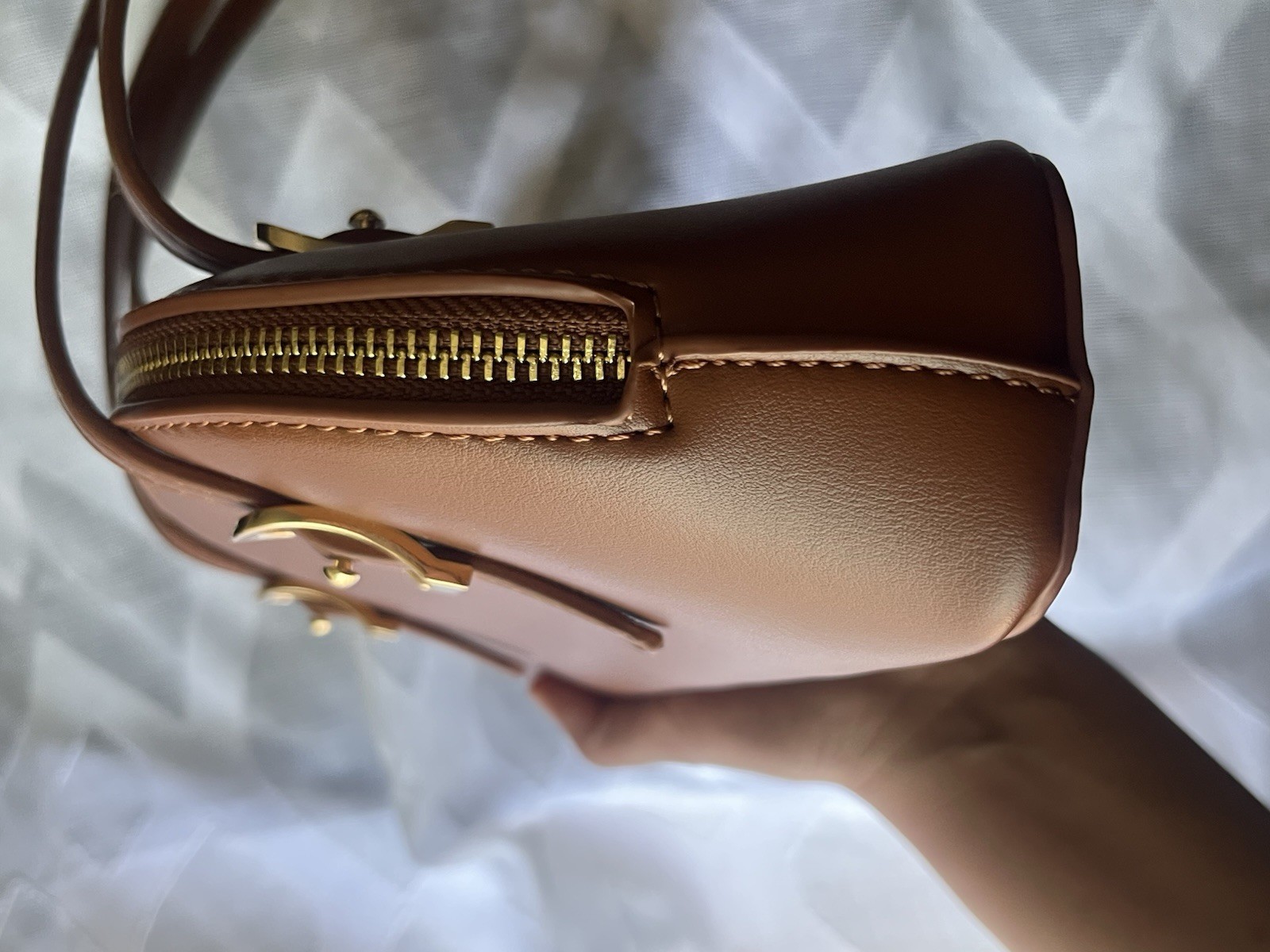 Madison West Brown Semi-Circle Shoulder Bag Zip Gold Hardware Pockets