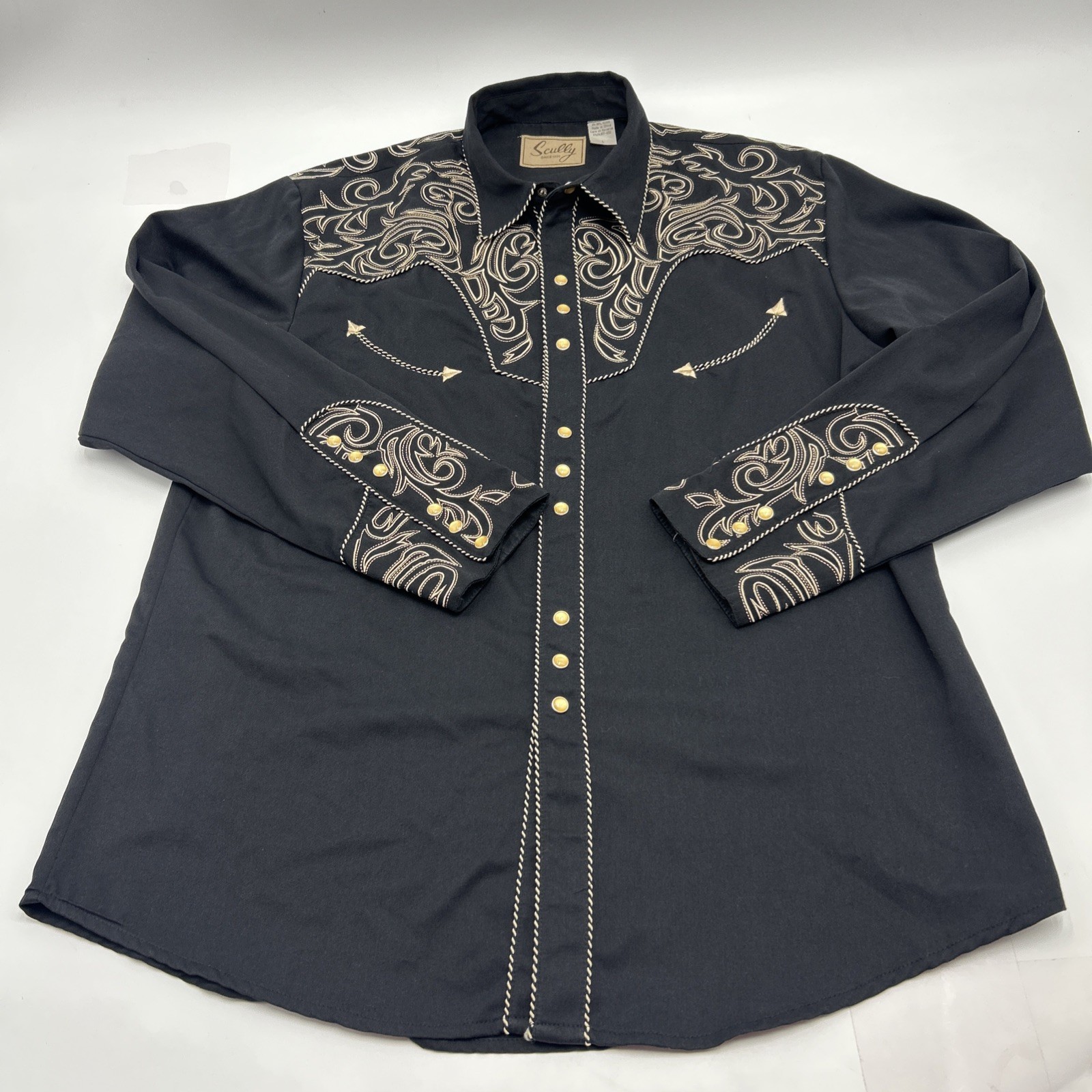 Scully Western Shirt Mens LARGE Black Floral Embroidered Pearl Snap Cowboy Rodeo