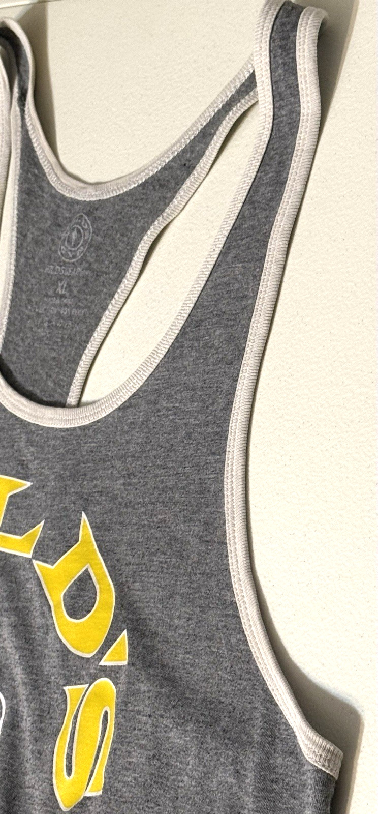Vintage Gold’s Gym EXTRA LARGE GRAY YELLOW Racerback Muscle Tank Top *PRE LOVED*