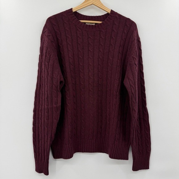 LL Bean Sweater Mens Large red Lambswool Cable Knit Grandpa Old Money Outdoor