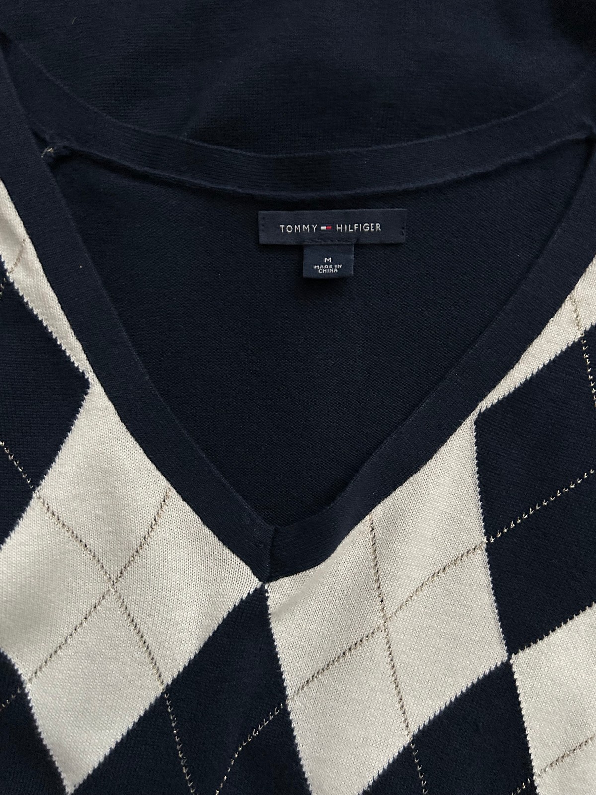 Tommy Hilfiger Argyle Sweater Navy, White & Gold-MSRP $79.00