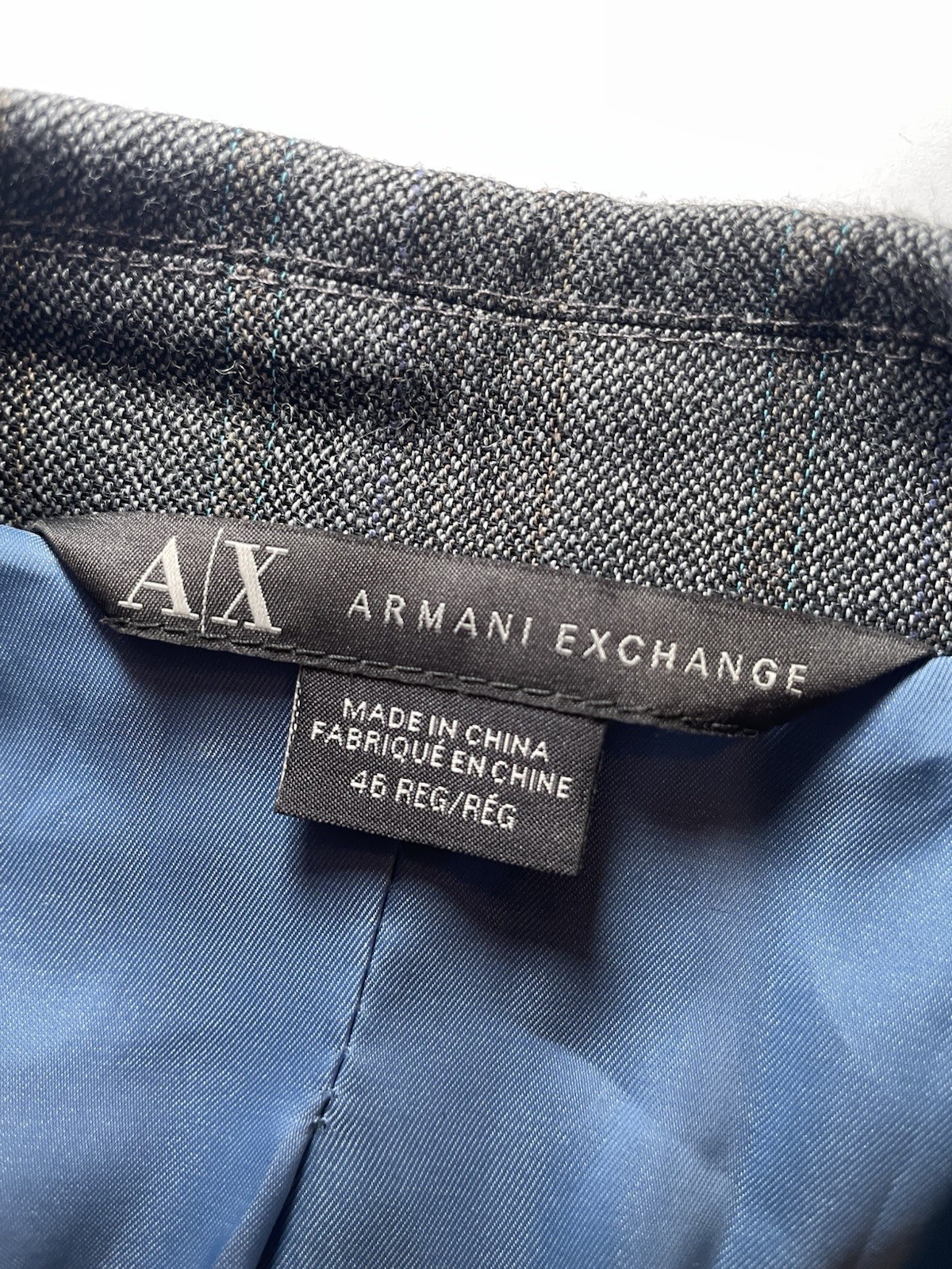 Armani Exchange Blazer Jacket Mens 46R Grey Blue Pinstripe Wool Blend Holiday