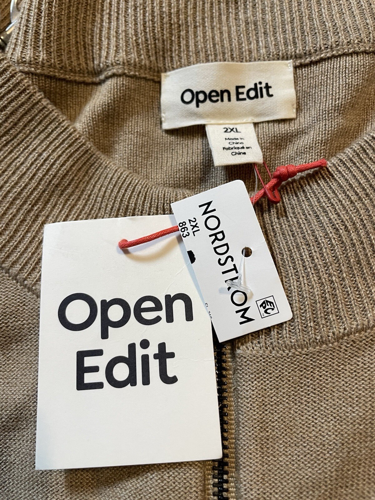 Open Edit Men’s Pullover Sweater 2XL Beige Orange Stripes 1/4 Zip Mocked Neck